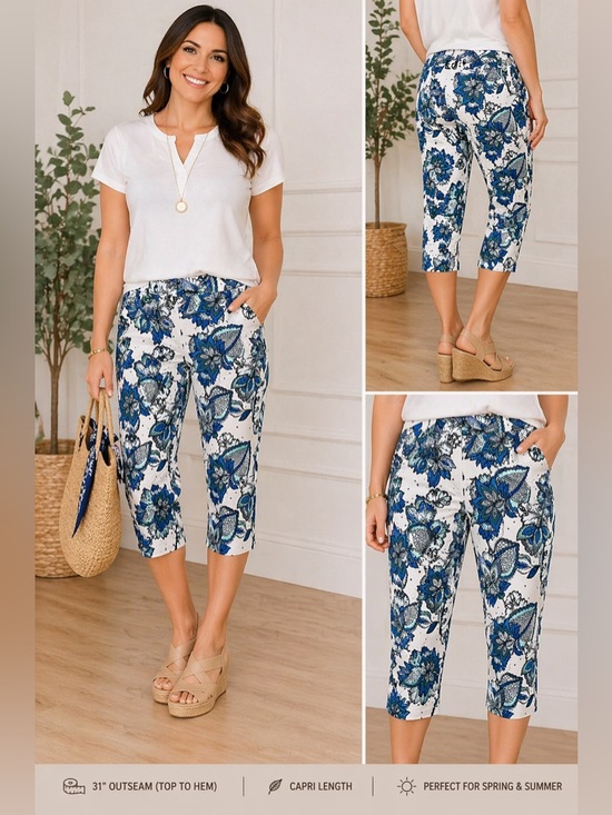 Ann Taylor Pants - Ann Taylor Curvy Petite Capri Pants 6P Blue White Floral Print Stretch Cotton